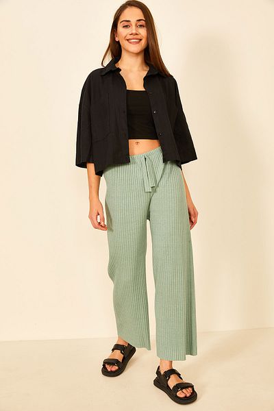 EYYE Çağla Green Corded Relaxed Cut Women's Trousers