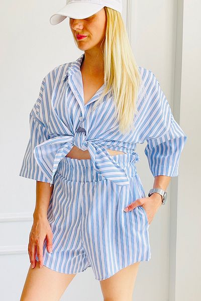 EYYE Blue White Striped Shirt Shorts Women's Bottom Top Set