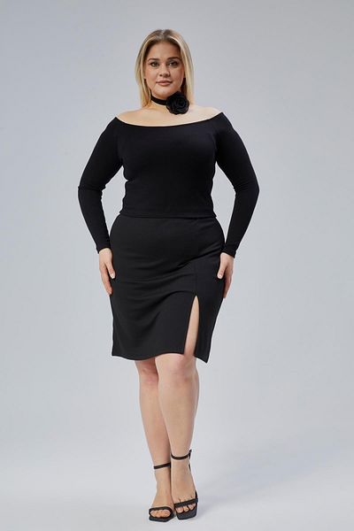 Seamoda Μεγάλο μέγεθος Off Shoulder Collar Elastic Viscose Lycra Comfort Κομψή Crop Μπλούζα-μαύρο