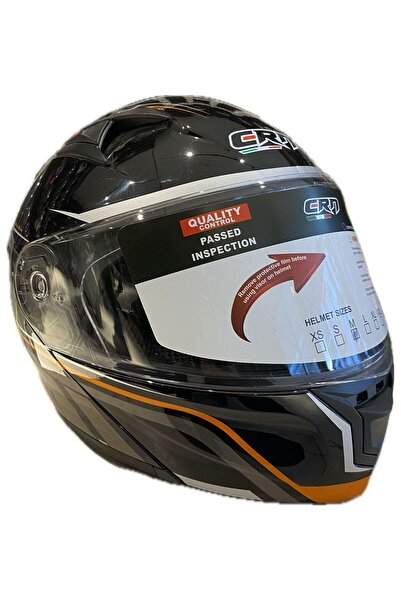 CRN SİYAH RENK TURUNCU DETAYLI KASK  ÇENE AÇILIR - TAM KASK VİZÖRLÜ VE İNTERC...