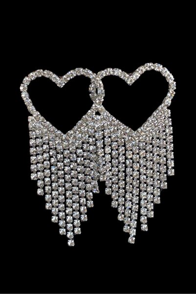 mos&more Beyaz Taşlı Kalpli Işıltılı Kadın Abiye Küpe, Püskül Küpe, Suyolu