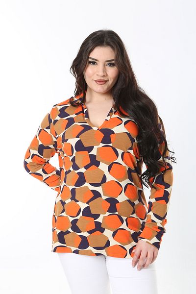 Şans Women's Large Size Orange V-Neck Lycra Long Sleeve Blouse 65N38875
