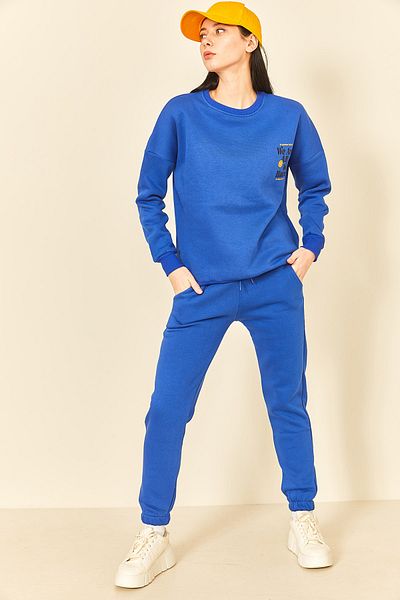 EYYE Σετ γυναικεία φόρμα Saks Blue Printed Crew Neck Three Thread