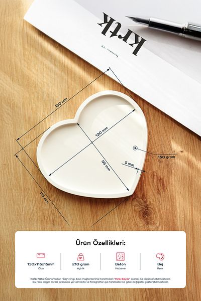 KARA TEKE COLLECTIONS Decorative, Jewelry and Functional Organizer Heart Concrete Base, Gift (Bej - Off White)