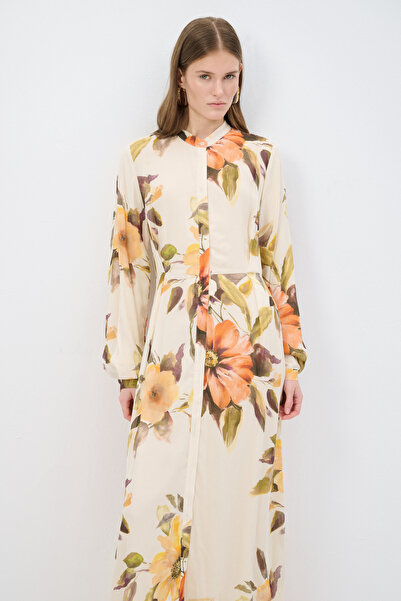 adL Önden Düğmeli Şifon Uzun Elbise