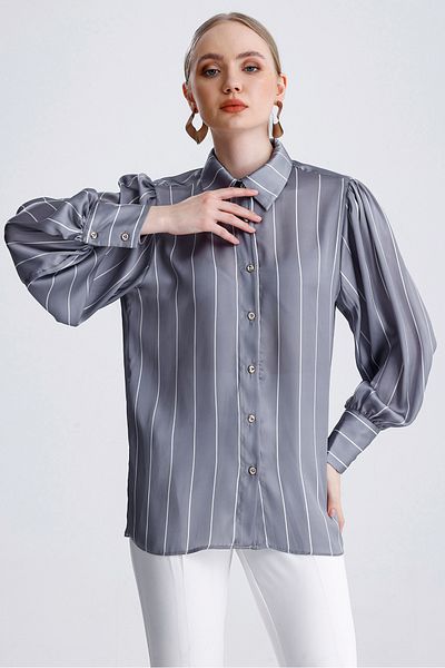 MD trend Women's Striped Drawstring Detailed Balloon Sleeve Oversize Satin Shirt
