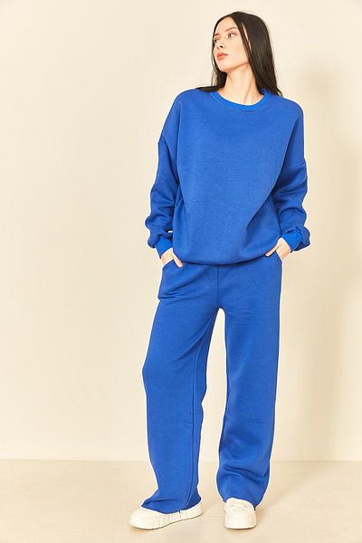 EYYE Saks Blue Crew Neck Wide Leg Oversize Three Thread Women's Tracksuit Set