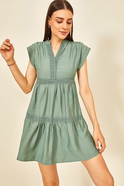 EYYE Çağla Green Lace Detailed Mini Linen Dress