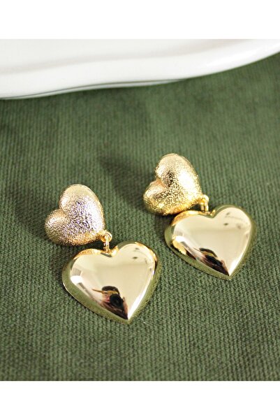 mos&more Gold Çift Kalp Sallantılı Şık Kadın Küpe