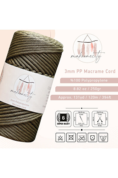 Makromecity Premium 250 gr 3mm Πολυεστερικό Μακραμέ Σχοινί Χακί 120 M Supla Σχοινί και Κλωστή Τσάντας