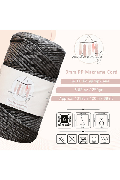 Makromecity Premium 250 gr 3mm Polyester Makrome Ipi Antrasit 120 M Supla Ip Ve Çanta Ipliği