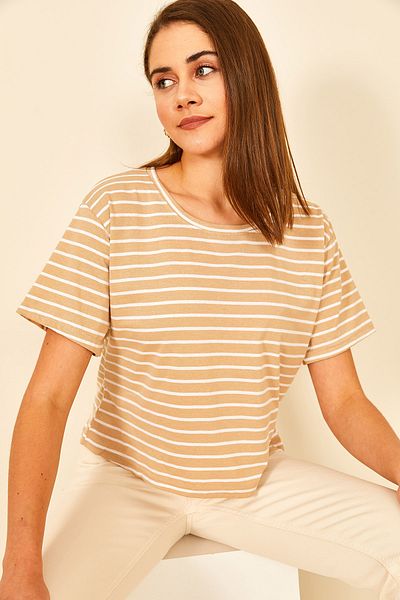 EYYE Ecru Milky Brown Striped Crew Neck Women's T-Shirt