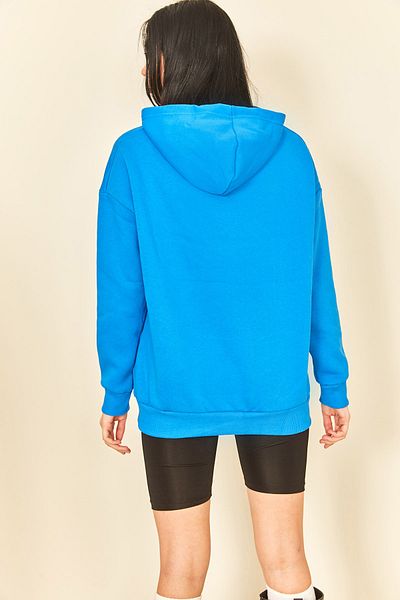 EYYE Saks Blue Printed Hooded Kangaroo Pocket Women's Sweatshirt
