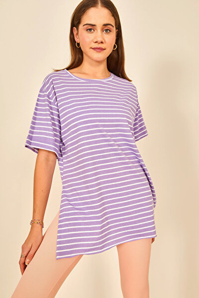 EYYE Μωβ Λευκό Γυναικείο T-Shirt με διπλό μανίκι με σχισμή Oversize