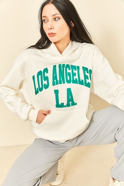 EYYE Ecru Print Detailed Three Thread Women's Sweatshirt