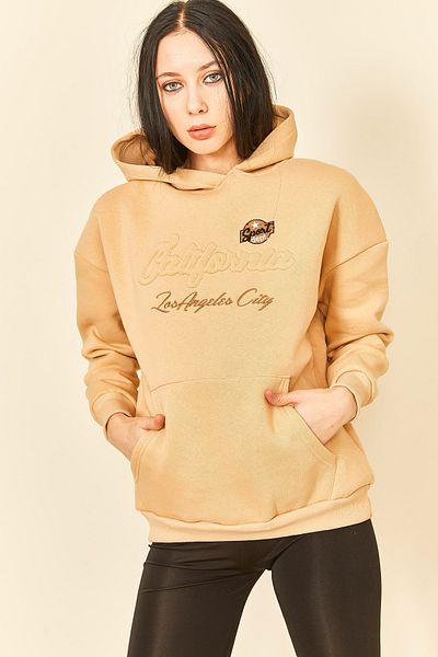 EYYE Γυναικείο φούτερ μπεζ με τρία κλωστές Kangaroo Pocket