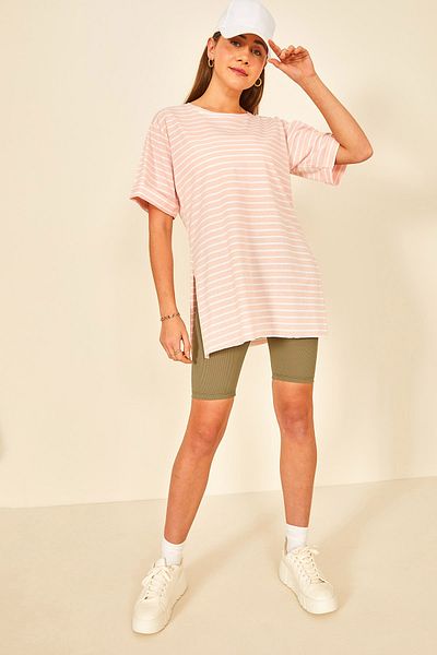 EYYE Γυναικείο μπλουζάκι Oversize με διπλό μανίκι λευκό σολομό