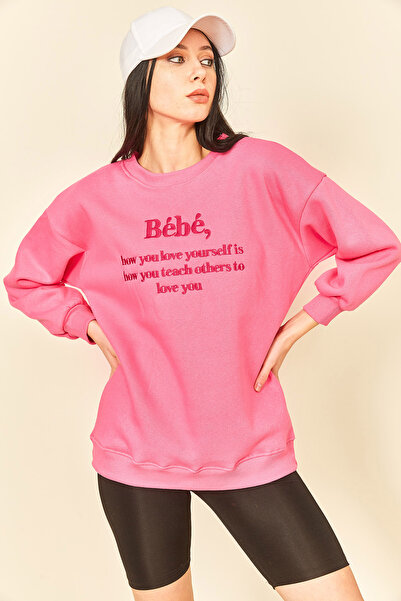 EYYE Fuchsia Embroidery Detailed Three Thread Women's Sweatshirt
