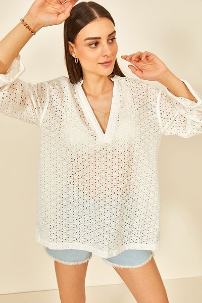 EYYE Off-White Scallop V-Neck Tunic