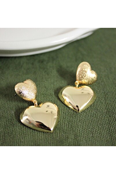 mos&more Gold Çift Kalp Sallantılı Şık Kadın Küpe