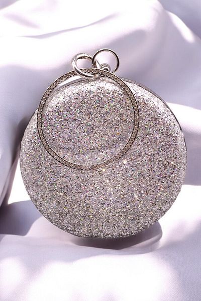 HFKY Flitrová kulatá stříbrná taška na večerní šaty. Noční taška Clutch
