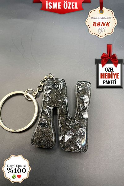 BİZİMSÜS N Letter Anthracite Keychain - Gift Keychain - Epoxy