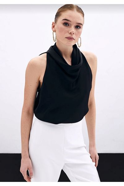 Sateen A-Line Blouse with a Neckline with a Neckline