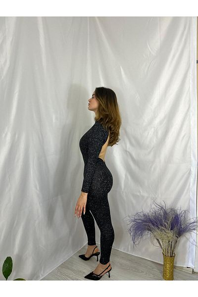 Rosy Live in style Black Glitter Fabric Body Wrap Back Low-Cut Jumpsuit