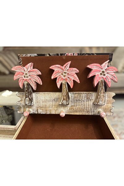 Home Dekoratif Bali Teak Ahşap El Oyması Üçlü Askılık Pembe 35 cm