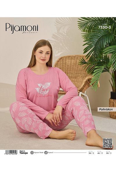 Pijamoni Dusty Rose Color Polyviscon Large Size Long Sleeve Women's Pajamas Set