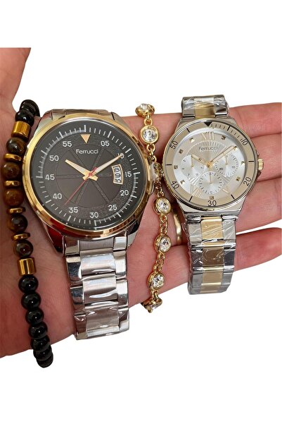 Ferrucci FC0996 Spor Model Çelik Kordon Sevgili Çift Kol Saati+Bileklik