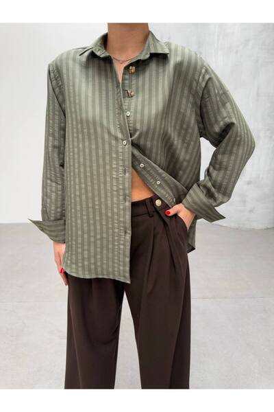 ENZOI Khaki Striped Buttoned Long Sleeve Shirt with Stones