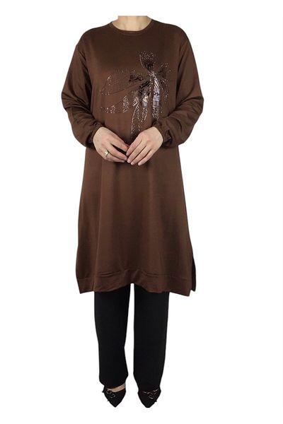 ECE GİYİM Women's Front Printed Crystal Two Thread Large Size Tunic