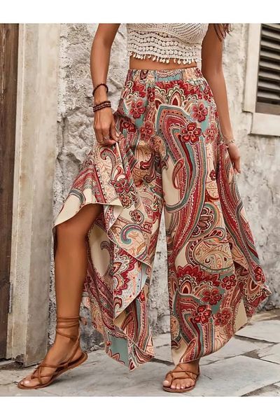 Masspera High Waist Elastic Waist Paisley Patterned Wide Leg Single Jersey Trousers