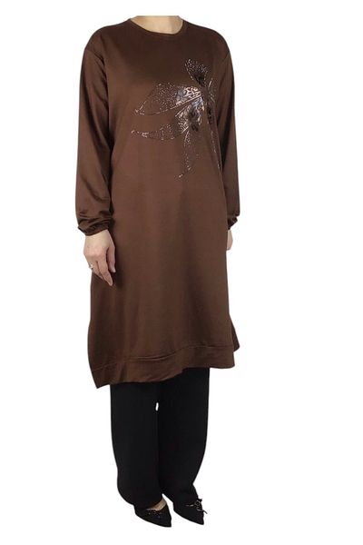 ECE GİYİM Women's Front Printed Crystal Two Thread Large Size Tunic