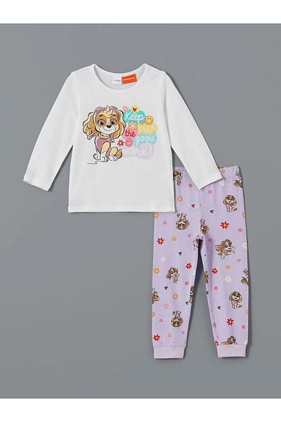 LC Waikiki Set de pijamale pentru fete cu imprimeu Paw Patrol alb cu gât
