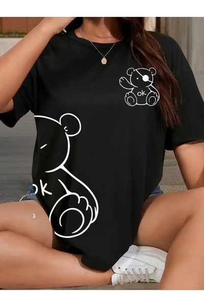 LAND MODA تي شيرت كاجوال بطبعة تيدي بير، بلوزة بأكمام قصيرة ورقبة دائرية للرب...