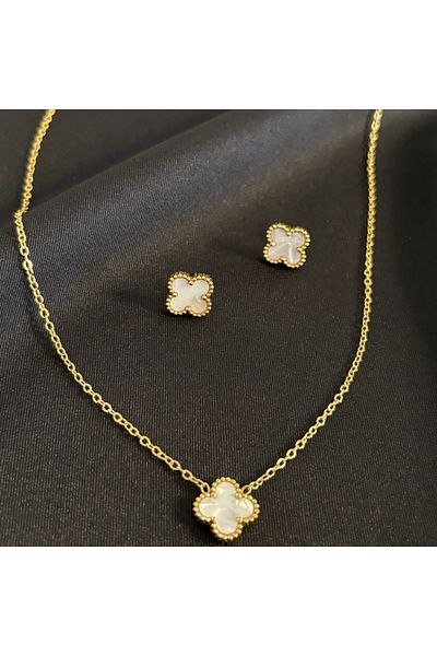 Zeyn مجموعة أقراط وقلادة من الفولاذ الذهبي من Cleef Model White Clover