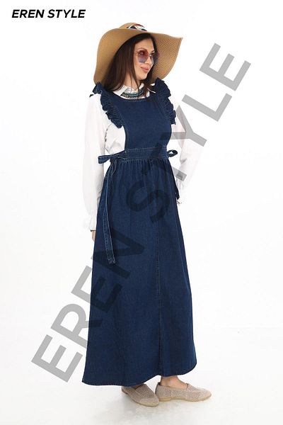EREN STYLE Pocketed Ruffled Belted Denim Gilet Dress & Hijab Clothing-2460