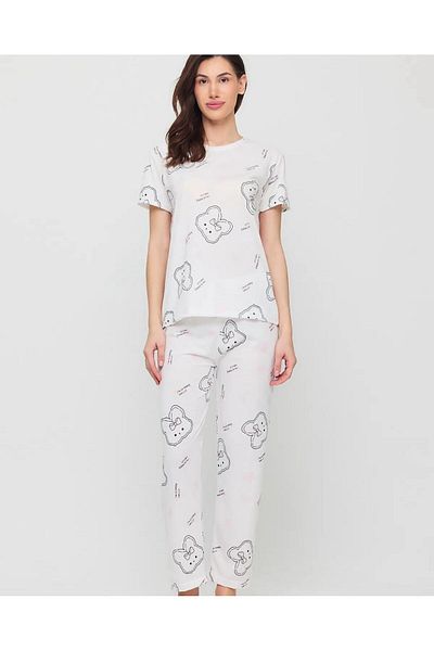 aytenli Crew Neck Short Sleeve Teddy Bear Heart Figured Cotton Combed Pajama Set
