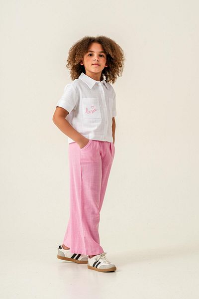 Magu Girls Linen White Embroidery Detailed Shirt and Pink Pants Set - Stylish and Comfortable