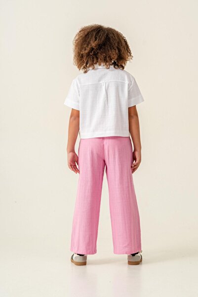 Magu Girls Linen White Embroidery Detailed Shirt and Pink Pants Set - Stylish and Comfortable