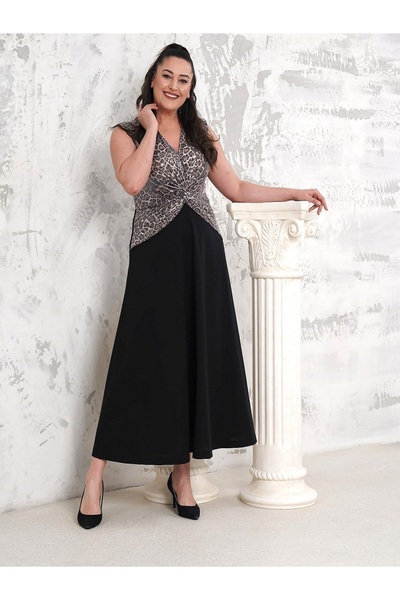 Şirin Butik Women's Black Plus Size Double Breasted Collar Sequin Leopard Detailed Evening Dress