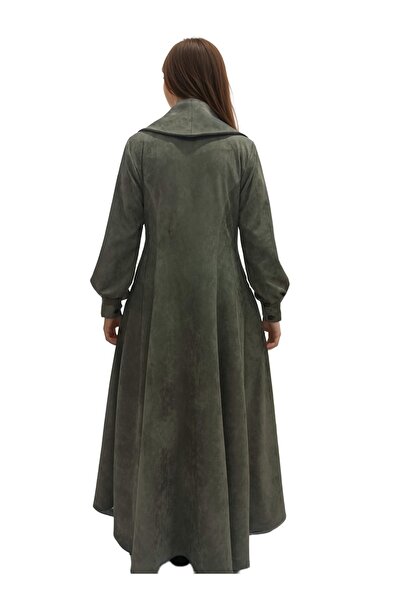 Generic Olive green jacket style abaya featuring a large collar and six front buttons.