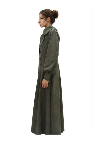 Generic Olive green jacket style abaya featuring a large collar and six front buttons.