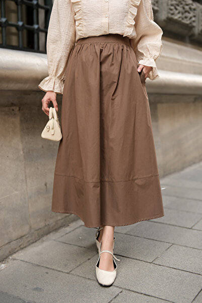 LOCCO Women's Elastic Waist Poplin Skirt Brown