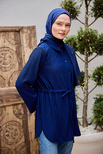 LOCCO Navy Blue Women's Waist Shirred Shirt