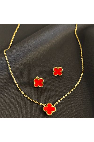 Zeyn مجموعة أقراط وقلادة من الفولاذ الذهبي من Cleef Model Red Clover