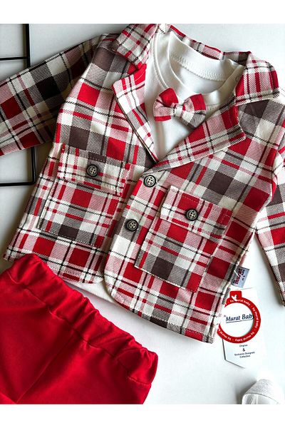 cacobutik Baby Boy Blazer Jacket Plaid 3 Piece Suit Red