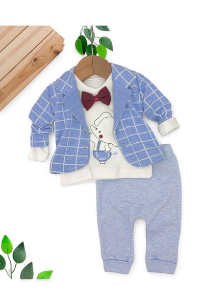 VOY KİDS ERKEK BEBEK EKOSELİ CEKETLİ PAPYONLU 3 PARÇA BAYRAMLIK YENİ DOĞAN BEBEK TAKIMI